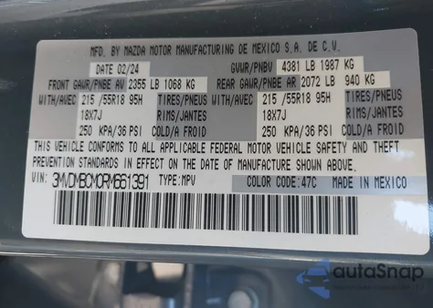 2024 Mazda Cx-30 2.5 S Carbon Edition из США, поврежденный, VIN 3MVDMBCM0RM661391